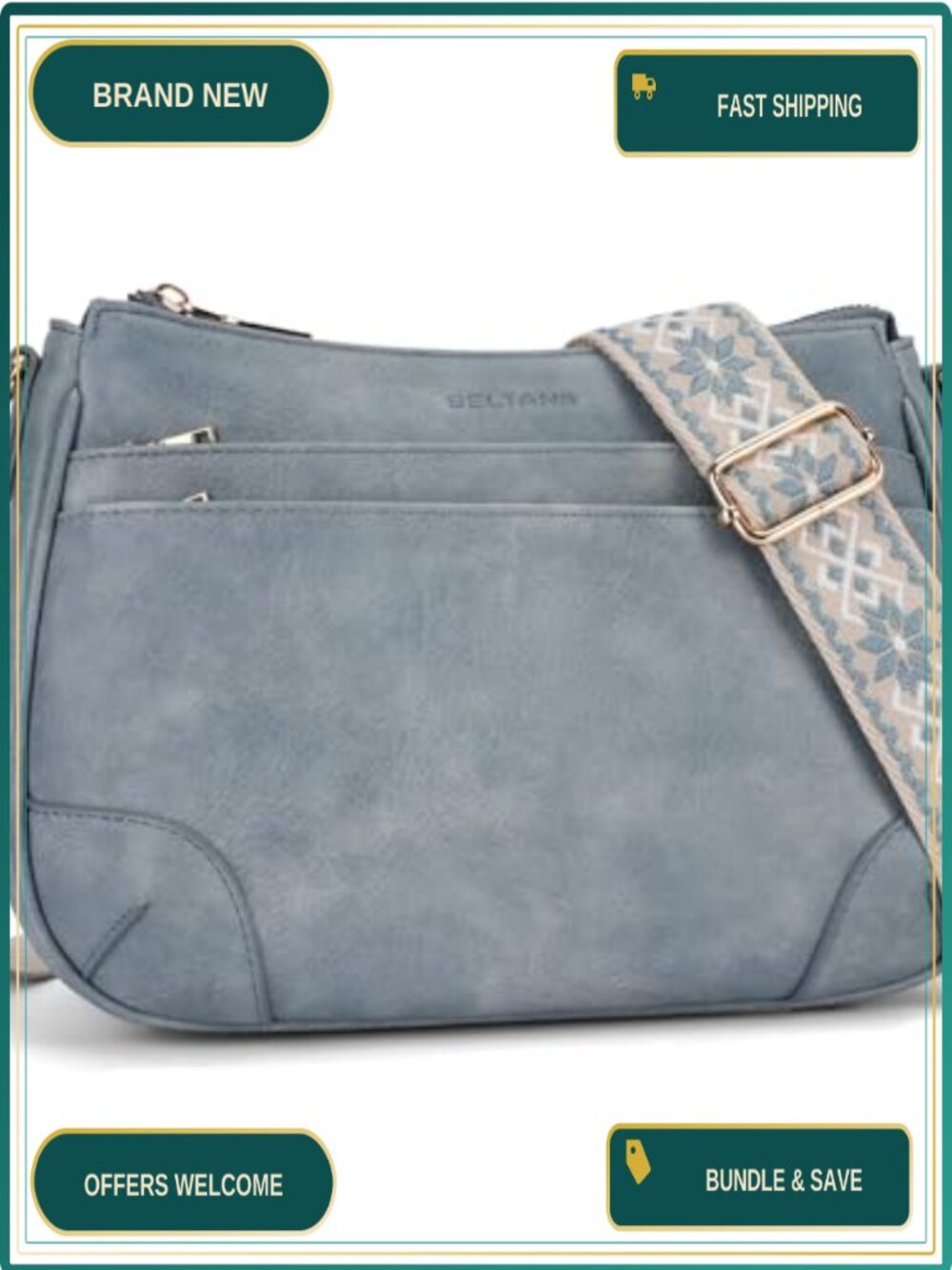 Vegan Leather Crossbody Bag Multi Pocket Handbag Wide Guitar Strap